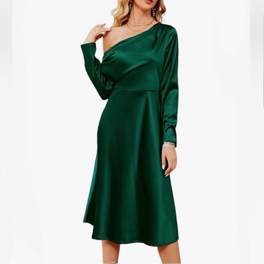 JASAMBAC Satin Elegant One Shoulder Long Sleeve Party Dress Size Small NWT